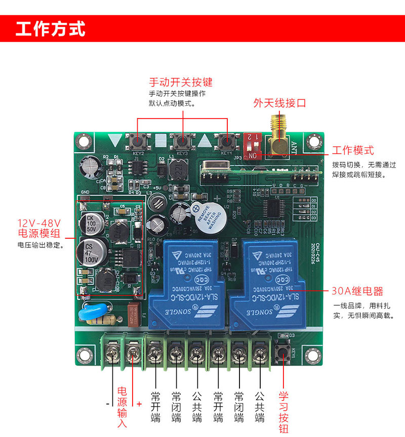 通用禁遙電壓雙向門門控制遙控器電壓12-48V高功率馬達無線射頻遙控接收板2